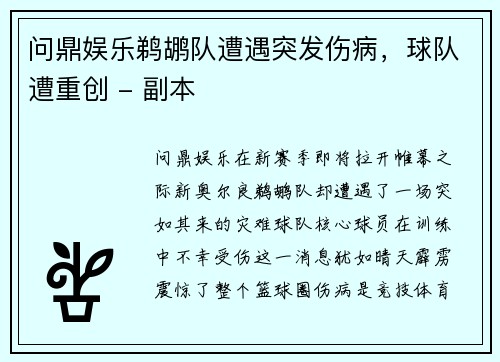 问鼎娱乐鹈鹕队遭遇突发伤病，球队遭重创 - 副本